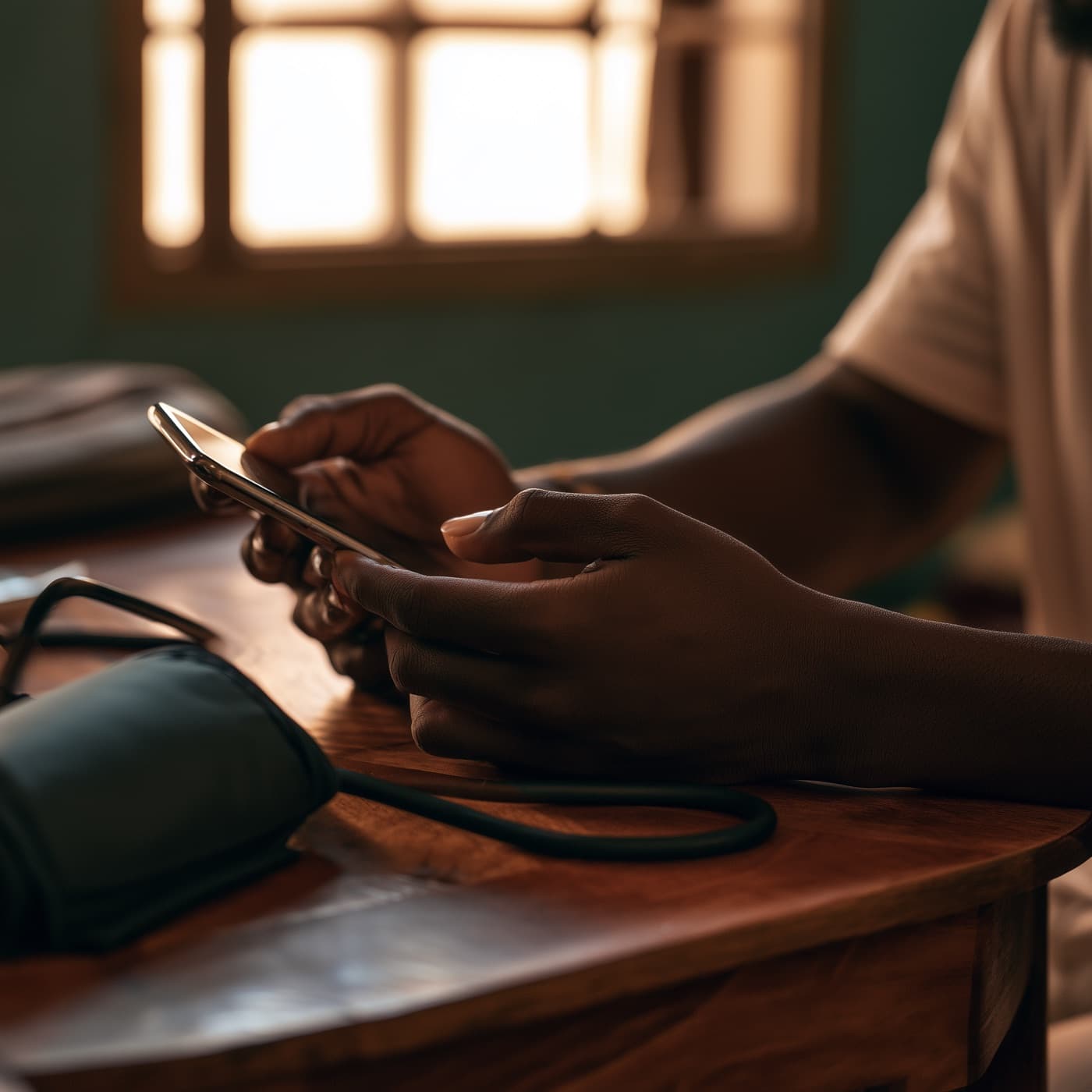 A hand holding a phone beside a home blood pressure cuff on a wooden table