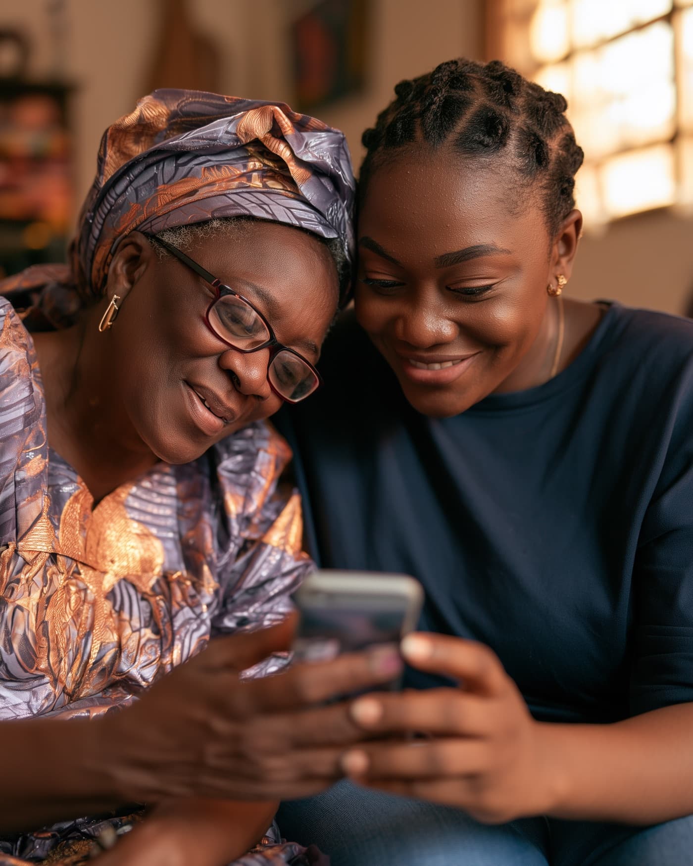 An adult daughter and her mother smiling together while looking at a phone