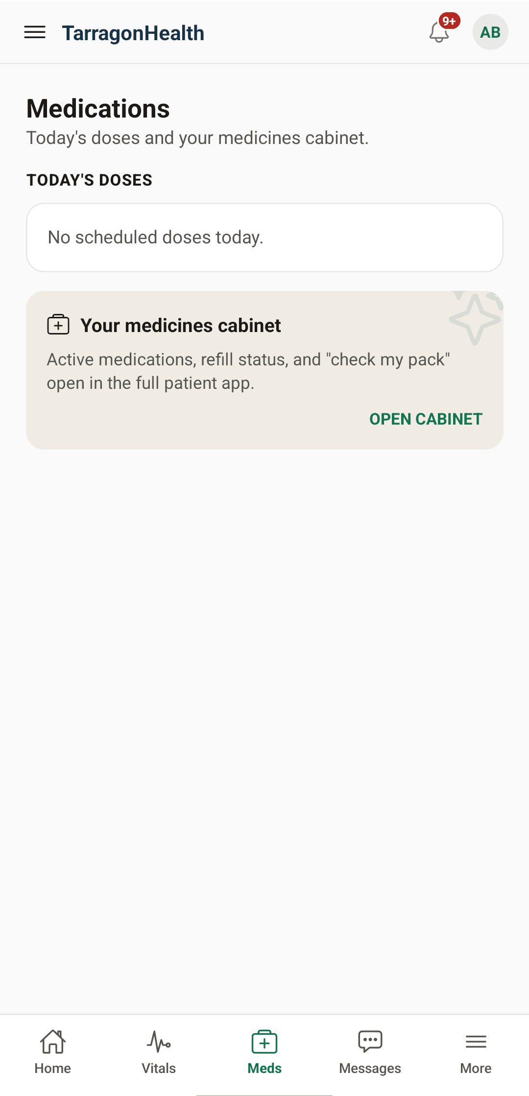 The TarragonHealth app's Medications screen, showing today's doses and a link to the medicines cabinet.