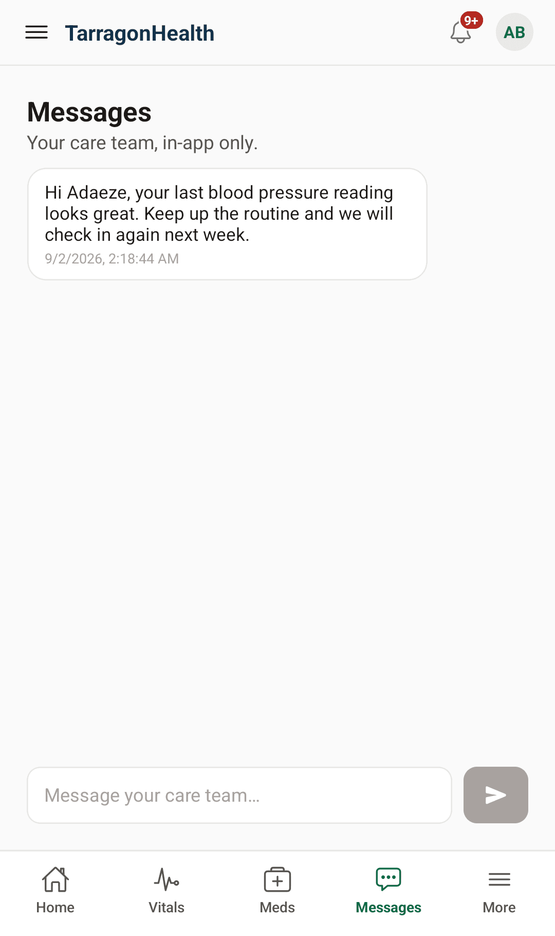 The TarragonHealth app's Messages screen, showing a note from the care team about a recent blood pressure reading.
