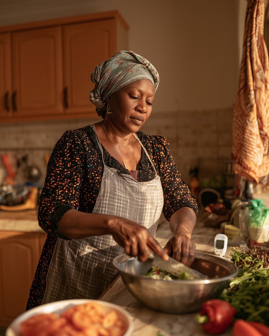 A woman preparing a meal in her kitchen with a glucometer on the counter