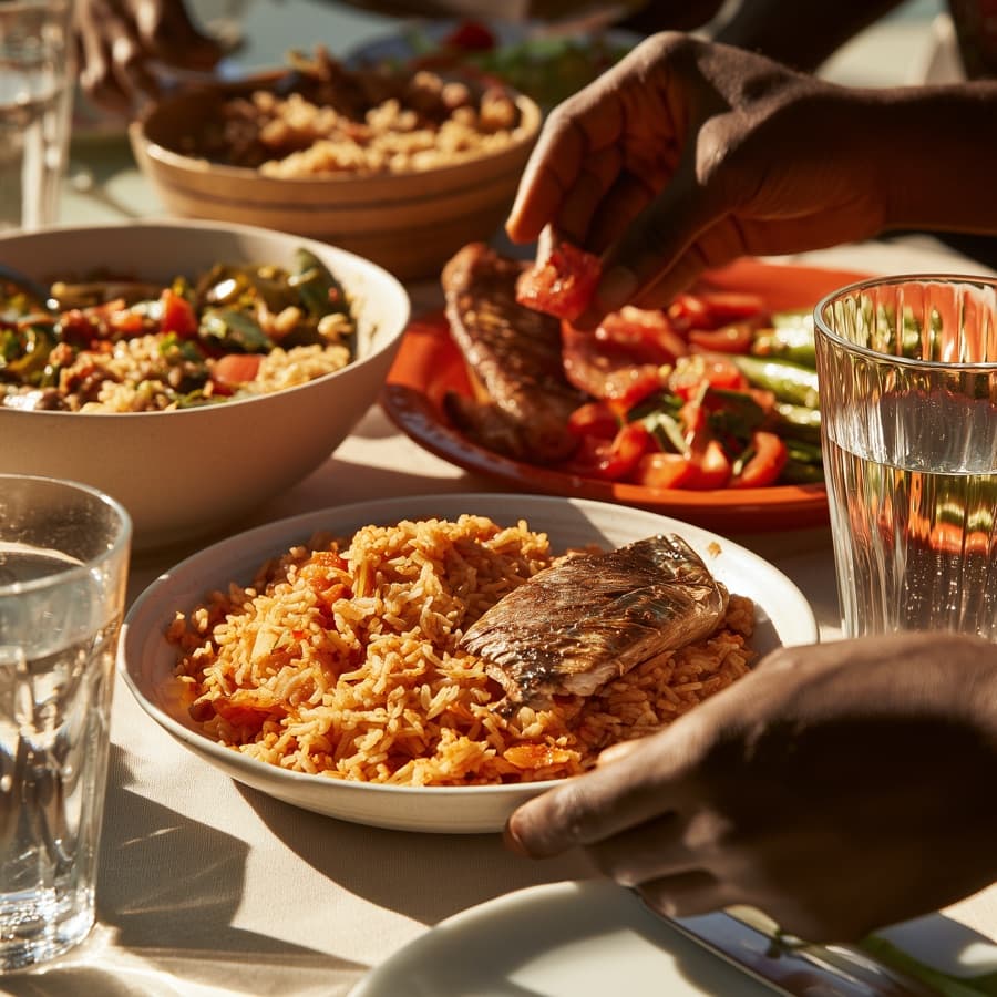 A Nigerian family meal laid out on a table with hands serving