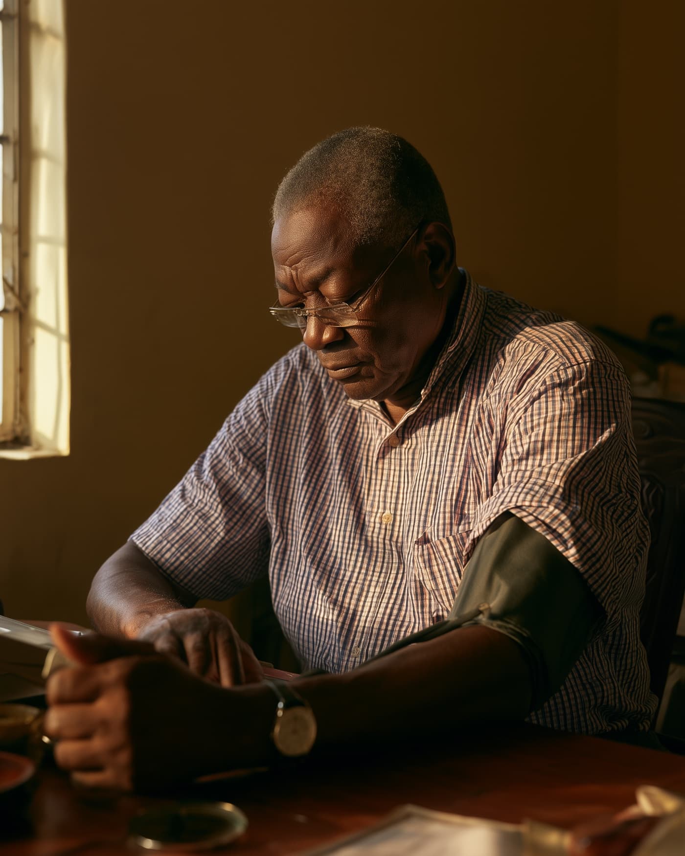 An older man reading his blood pressure monitor at home