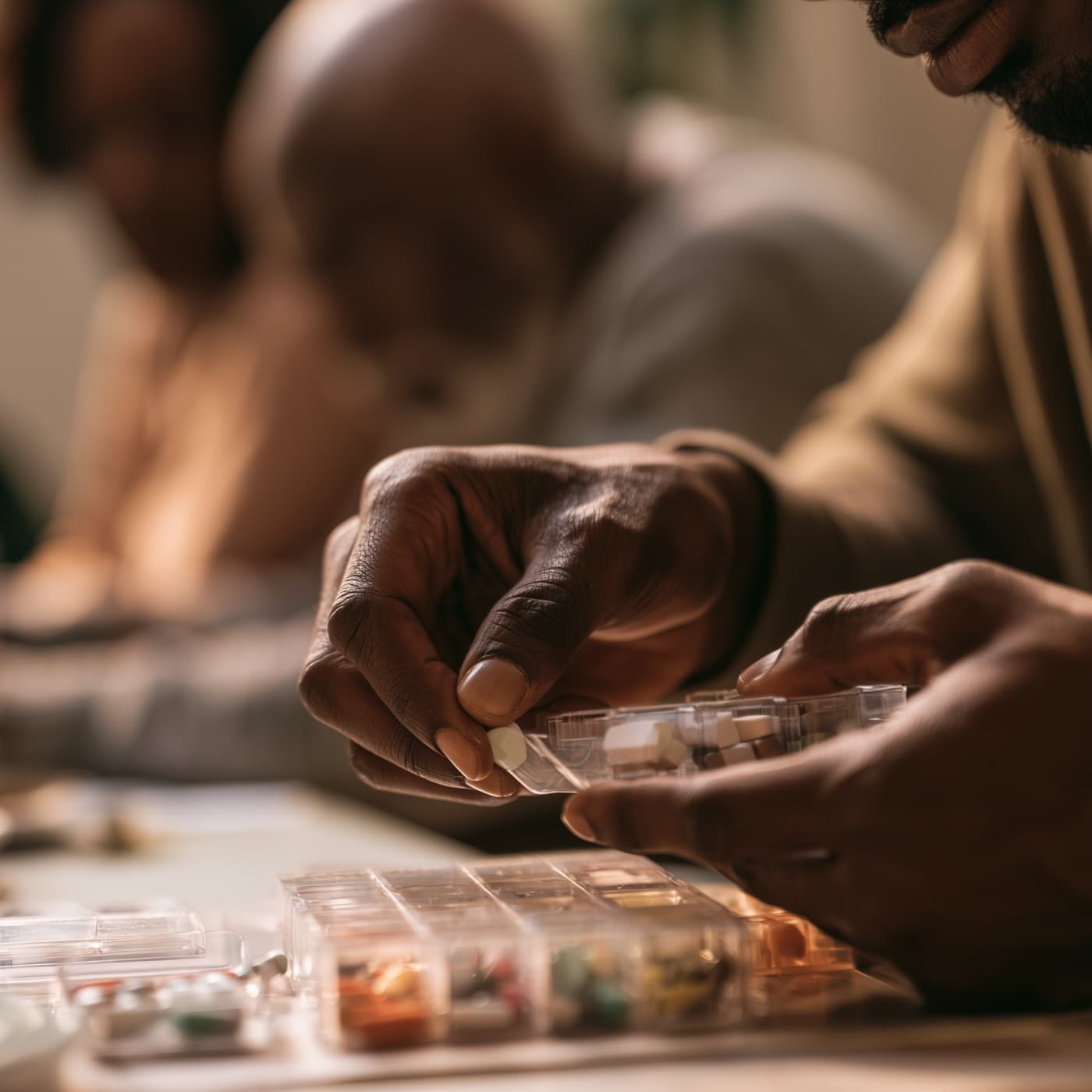 A man filling a weekly pill organiser for his father
